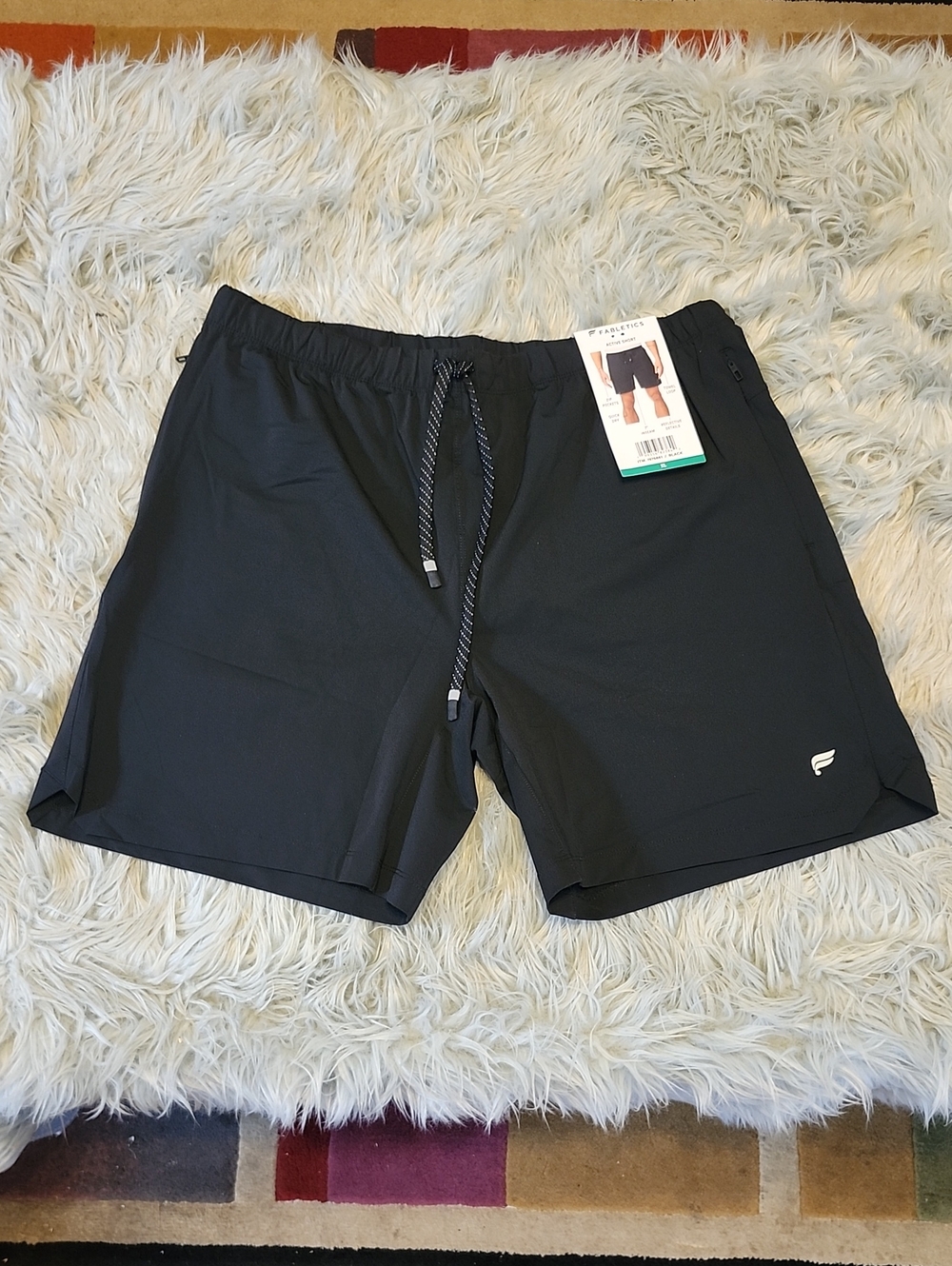 Fabletics 7" Men’s Black Active Drawstring Shorts with Zip Pocket and Logo